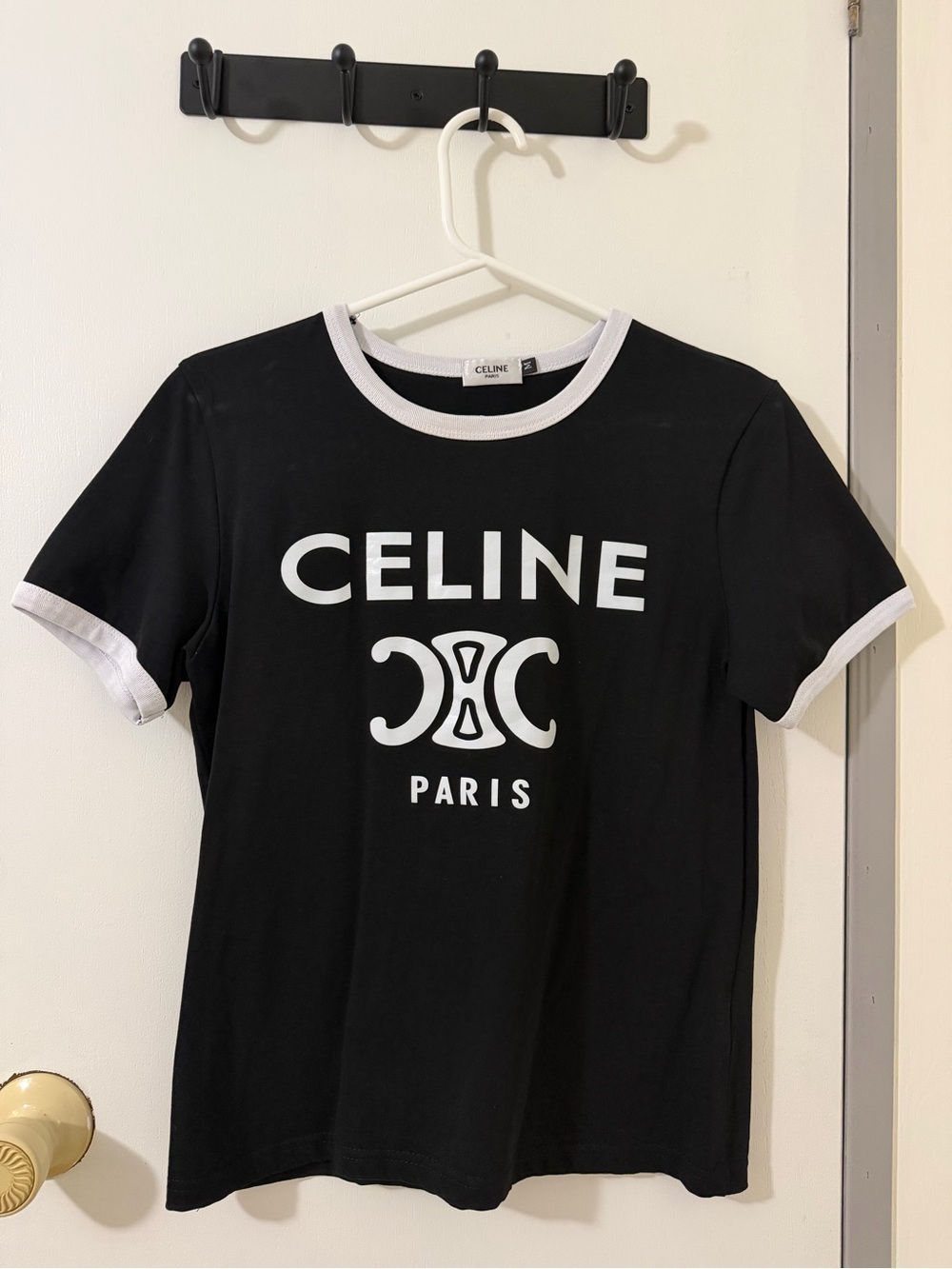 Celine Triomphe Black Tee with White Logo & Ringer Trim